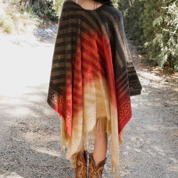 Cozy Stripes Western Style Tassel Poncho Shawl - Picture 3 of 4